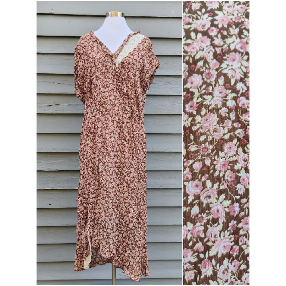 Vintage Y2K Floral Midi Dress Brown Pink Lace Trim Ruffle Hem 18/20